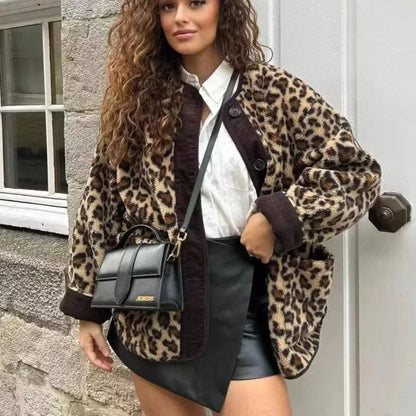 Leopard Print Single Breasted Jacket O Neck Long Sleeves Pocket Coat New Lady Warm Outerwear