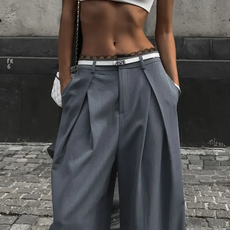 Tavimart - Y2k Lace Patchwork Waist Pants Baggy Korean Oversize Office Trousers
