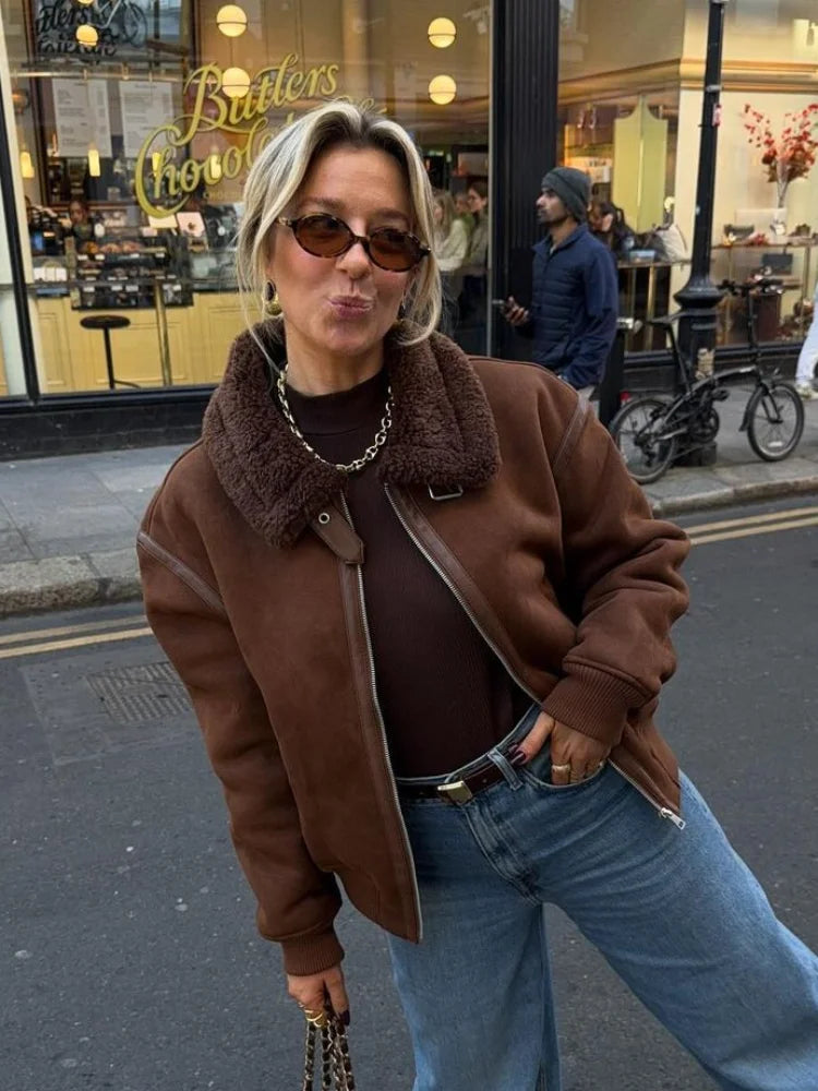 Coffee Lamb Wool Lapel Jackets for Zipper Long Sleeved Thicken Warm Coats New Female Winter