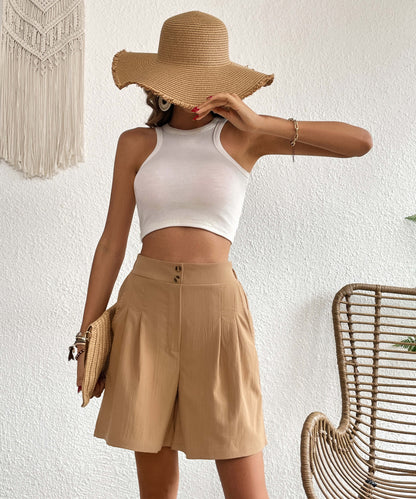 Eden Pocketed High Waist Shorts - Khaki