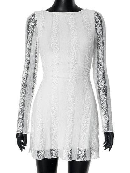 White Lace See-through Mini Dress for High Waist Patchwork Slim Party Dress Gown Dress