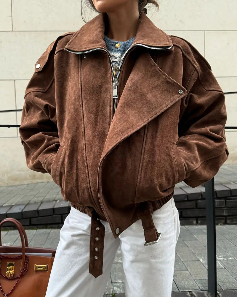Brown Maillard Lapel Suede Leather Jackets for Long Sleeve Zipper Pockets Coats Lady High