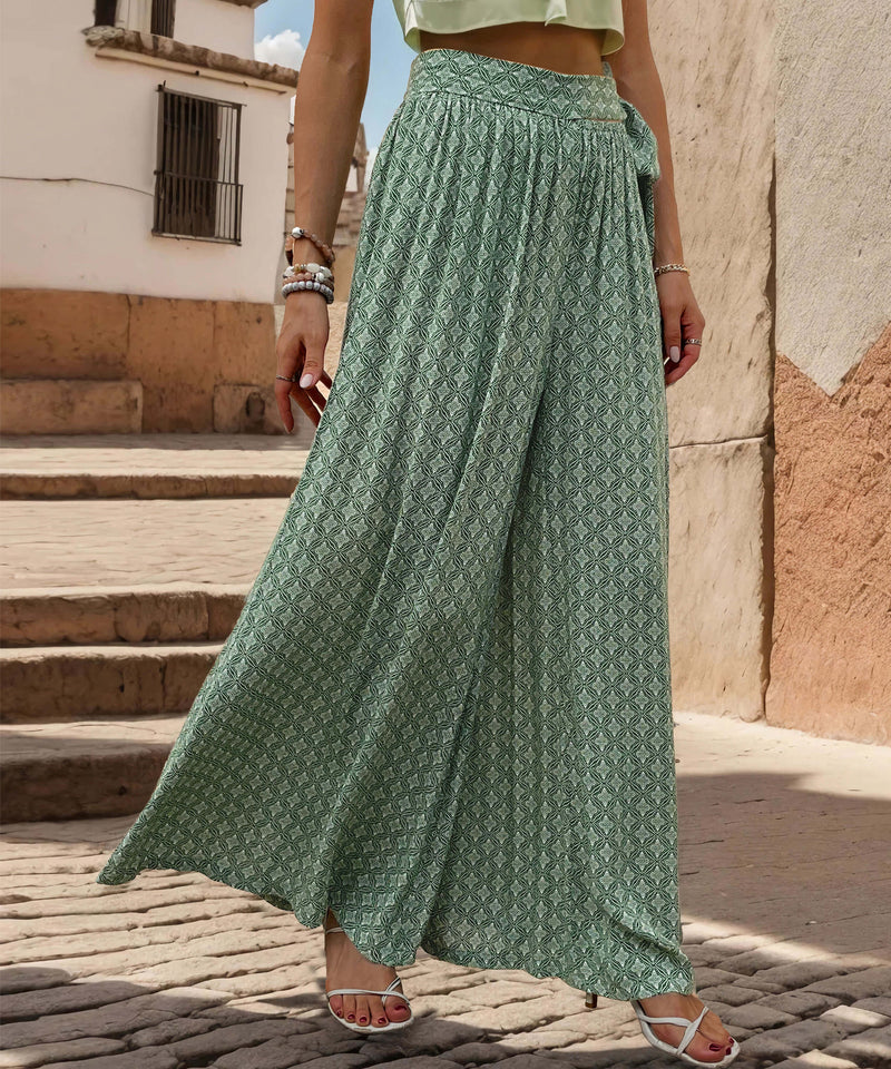 Maureen Printed Waist Tie Wide Leg Pant - Green