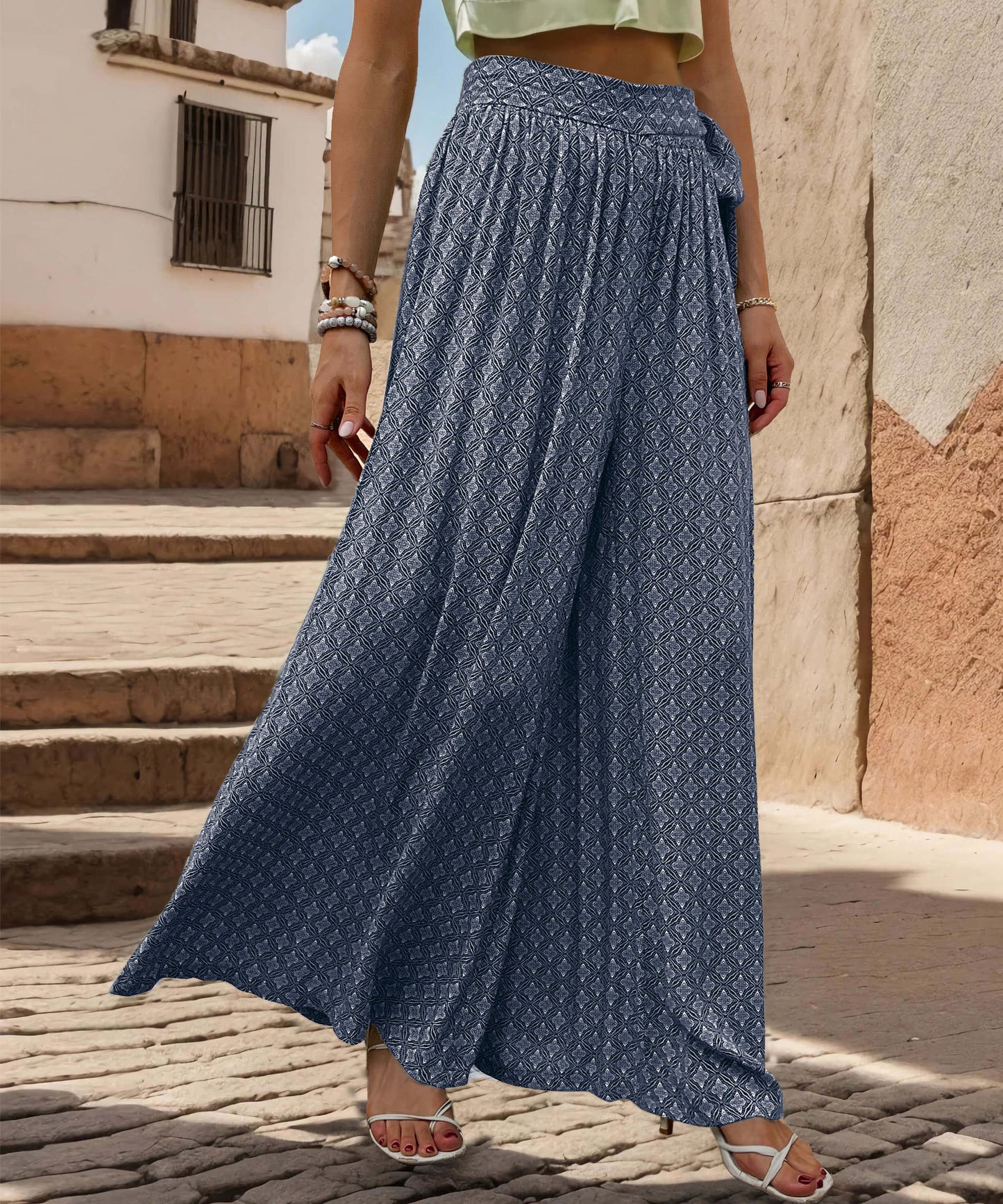 Maureen Printed Waist Tie Wide Leg Pant - Navy
