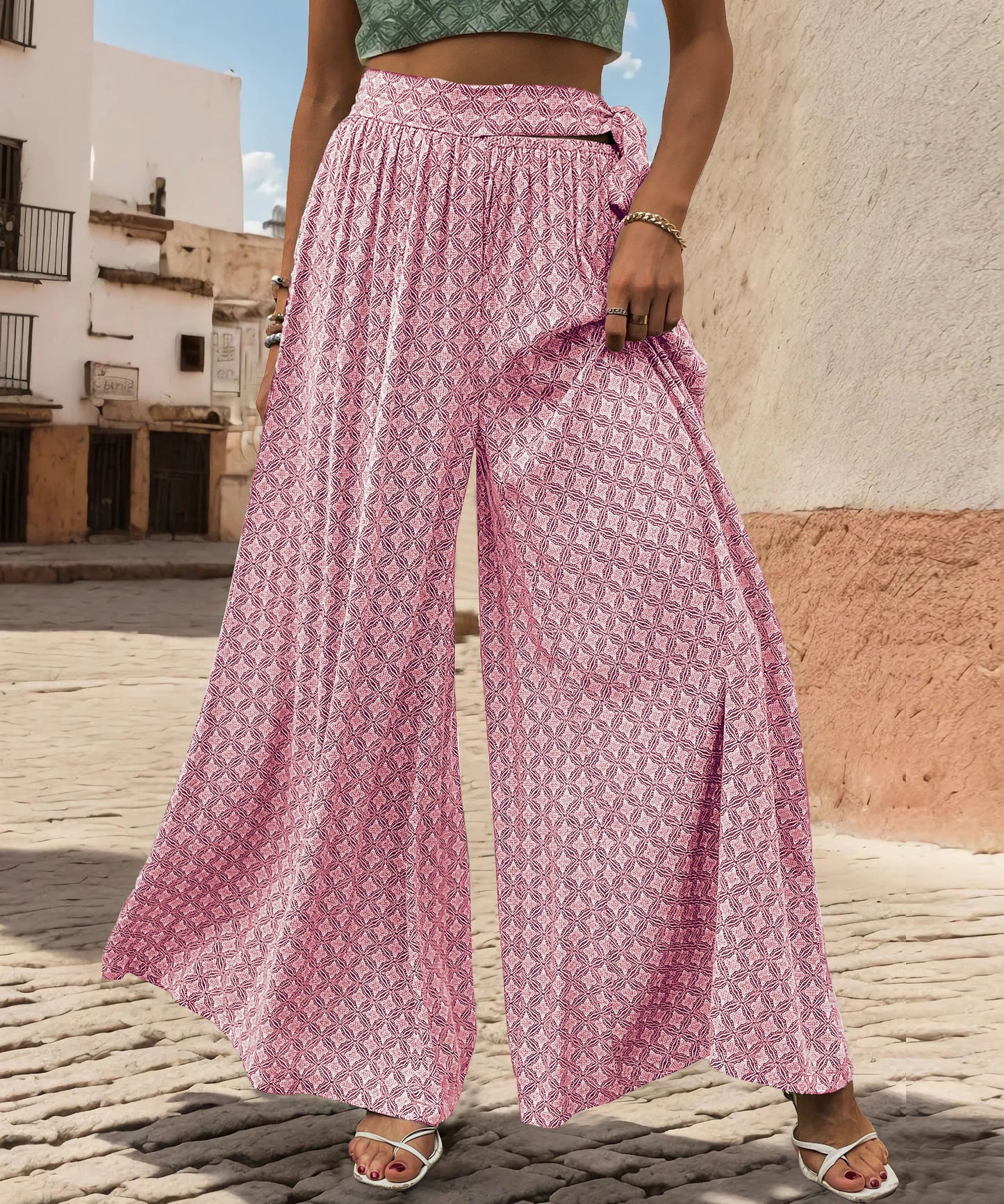 Maureen Printed Waist Tie Wide Leg Pant - Pink