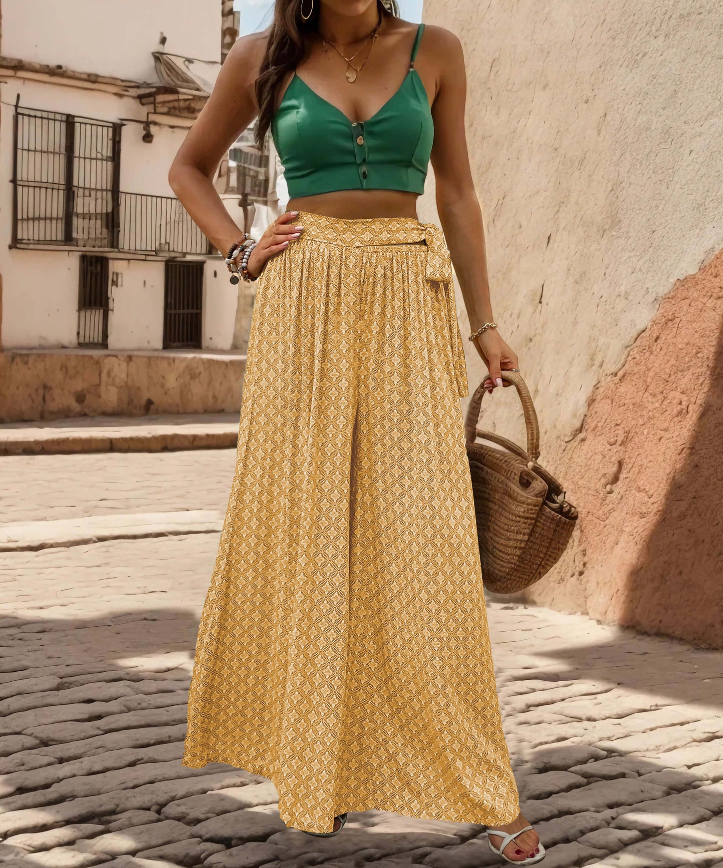 Maureen Printed Waist Tie Wide Leg Pant - Yellow