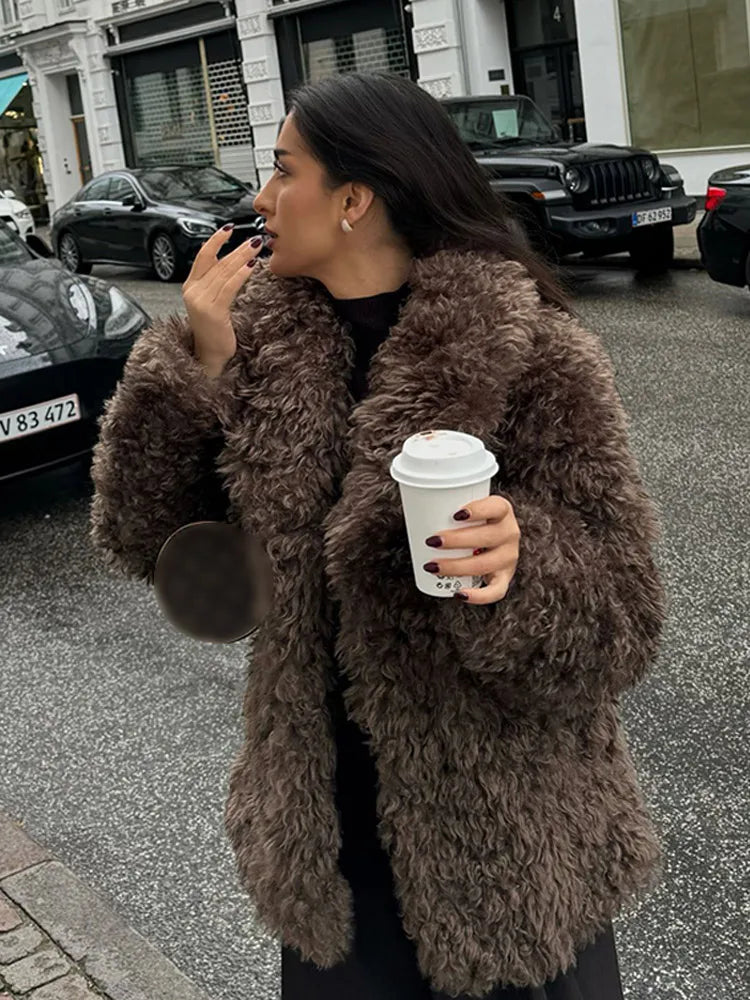 Winter Warm Fluffy Faux Fur Coat New Lapel Long Sleeve Thick Furry Jacket Lady Thermal Outerwear