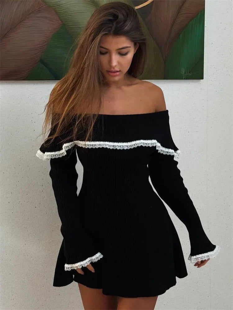 Knit Off-shoulder Sweater Mini Dress Lace Patchwork Ribbed Slim Backless Party Dress Knitwear Mini Dress