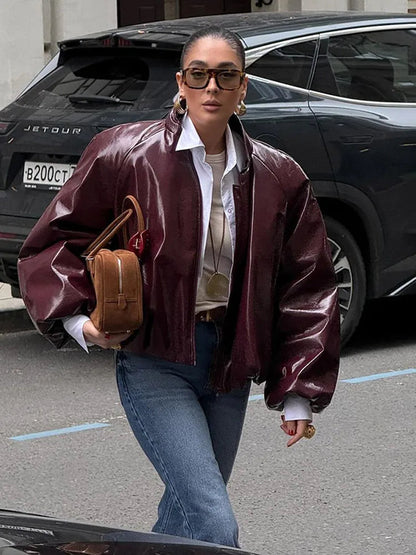Lady Retro Color Stand Up Collar Pilot Jacket New Long Sleeved Zipper Jackets High Street Commuter Coat