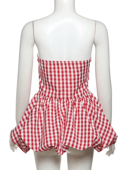 Spring Summer Plaid Tops for Strapless Off Shoulder Backless Ruched Red T-shirt Sleeveless Tees Top