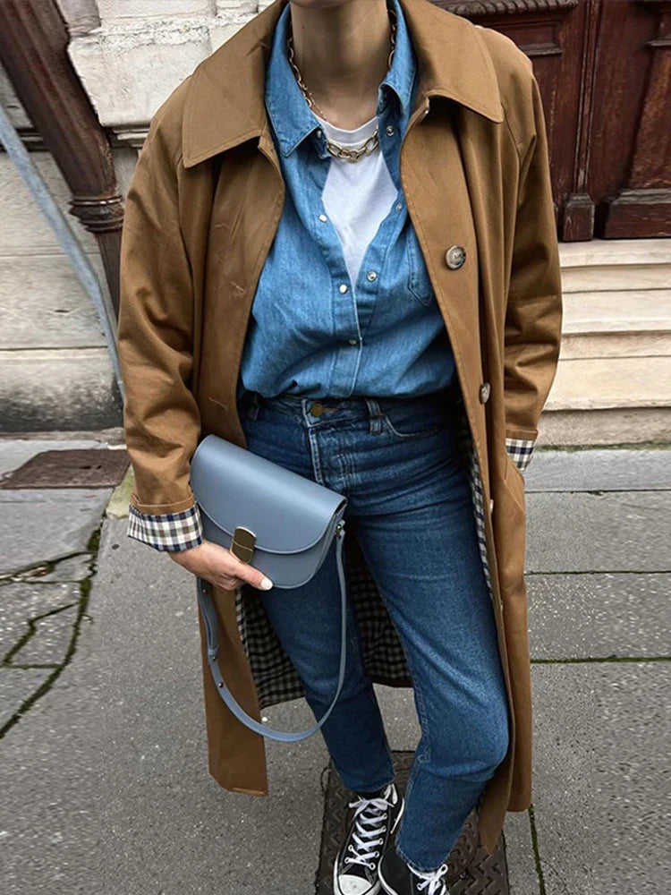 Woman Long Trench Coats Khaki Plaid Lined Lapel Single Breasted Jacket With Pocket Autumn Lady Commute Outwear