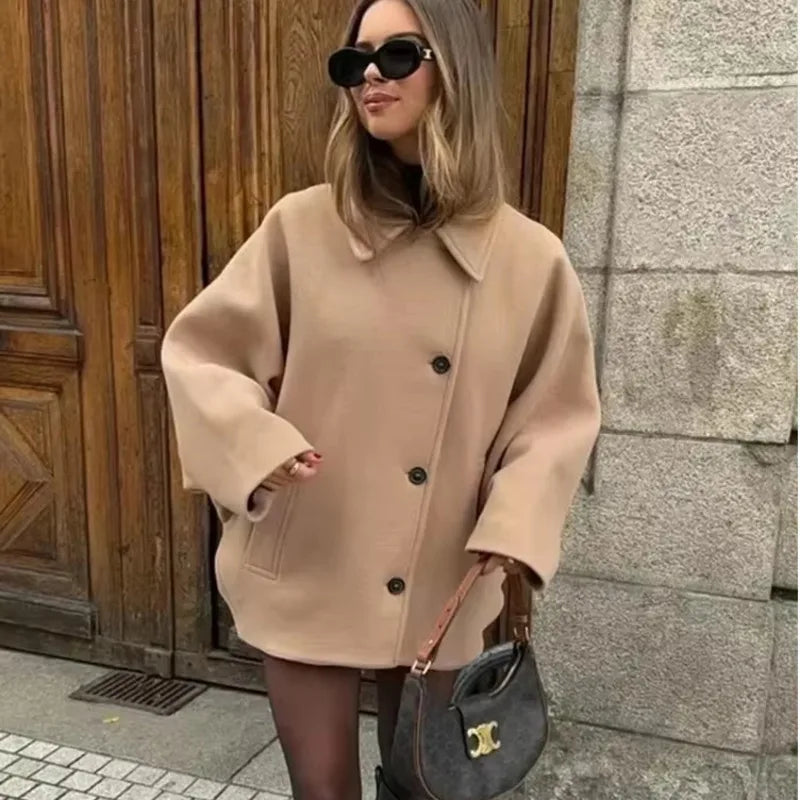 Diagonal Breasted Warm Loose Jacket Lapel Double Pocket Batwing Sleeve Coats Winter Female Outwear