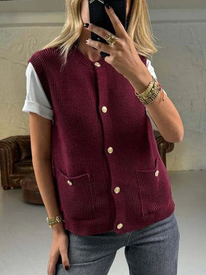 Pocket Cardigan Vest O Neck Single Breasted Sleeveless Knit Waistcoat New Simple Sweater Jacket
