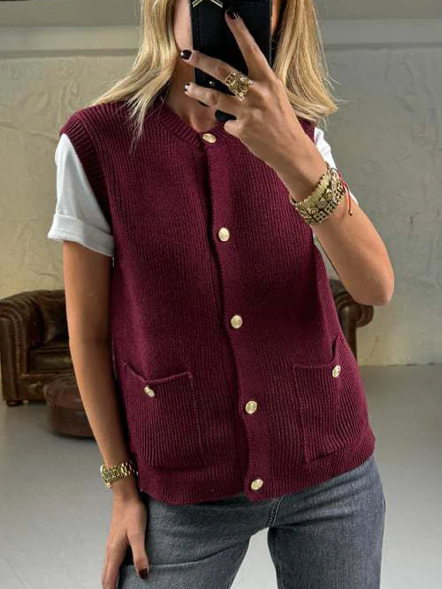 Pocket Cardigan Vest O Neck Single Breasted Sleeveless Knit Waistcoat New Simple Sweater Jacket