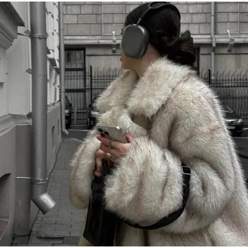 Furffy Thicken Jackets Faux Fur Loose Lapel Long Sleeves Warm Coats Female Winter Soft Outwears Lady