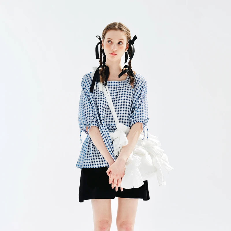 Plaid Lace-up Short Sleeve T-shirt Blouse