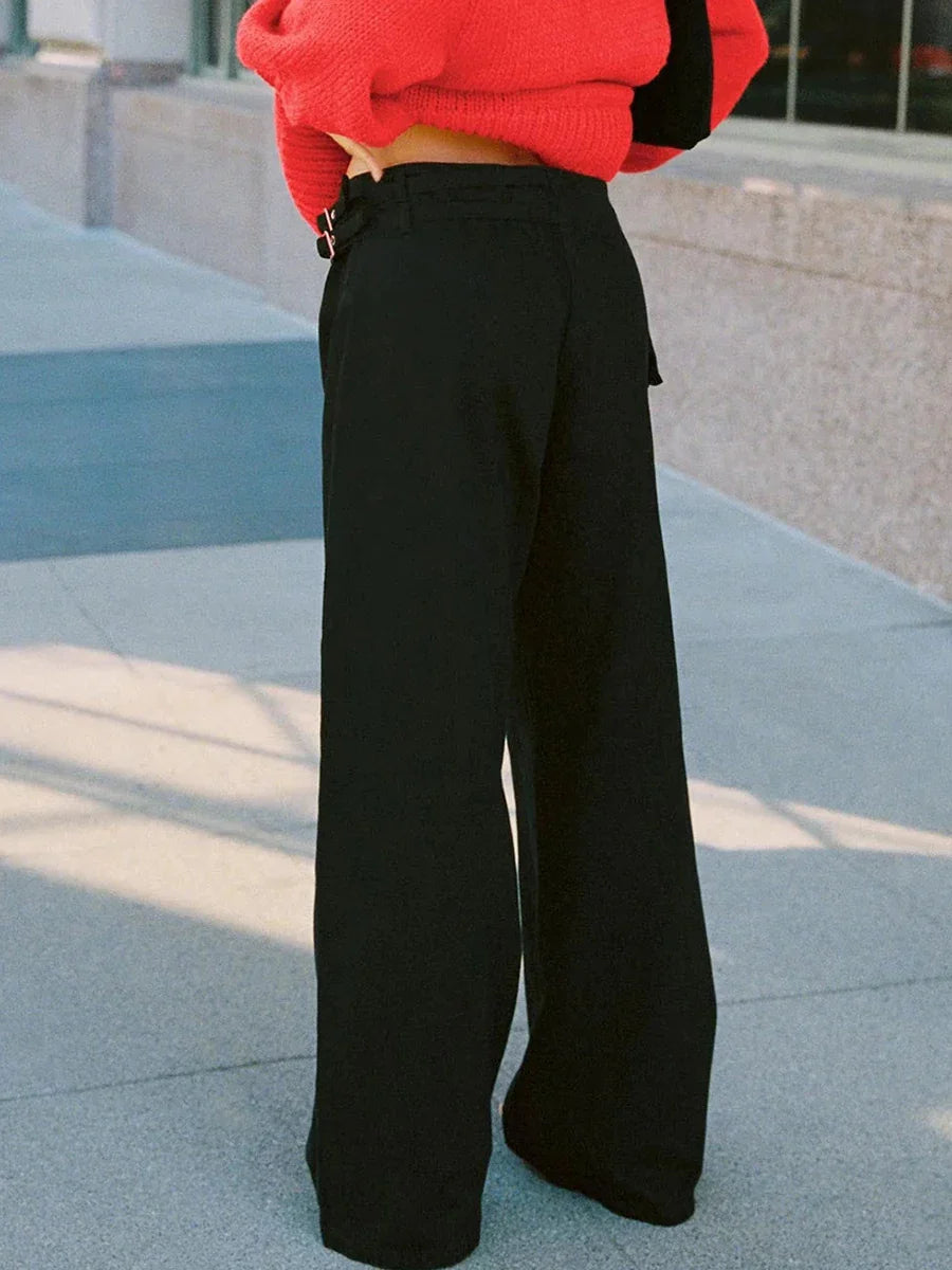 Pocket Adjustable Waist Wide Leg Pant Low Rise Waist Baggy Denim Trouser Jeans Femme Summer New