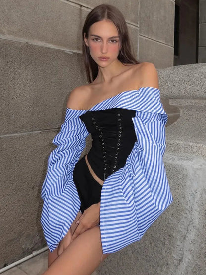 Long Sleeve Striped Long Sleeve Corset Shirts + Shorts 2 Piece Sets High Street Tunics Bandage Female Suit
