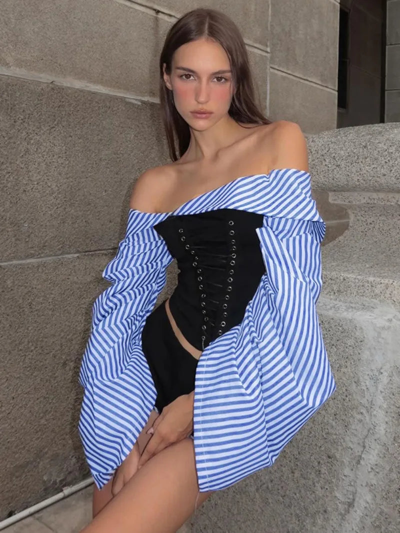 Long Sleeve Striped Long Sleeve Corset Shirts + Shorts 2 Piece Sets High Street Tunics Bandage Female Suit
