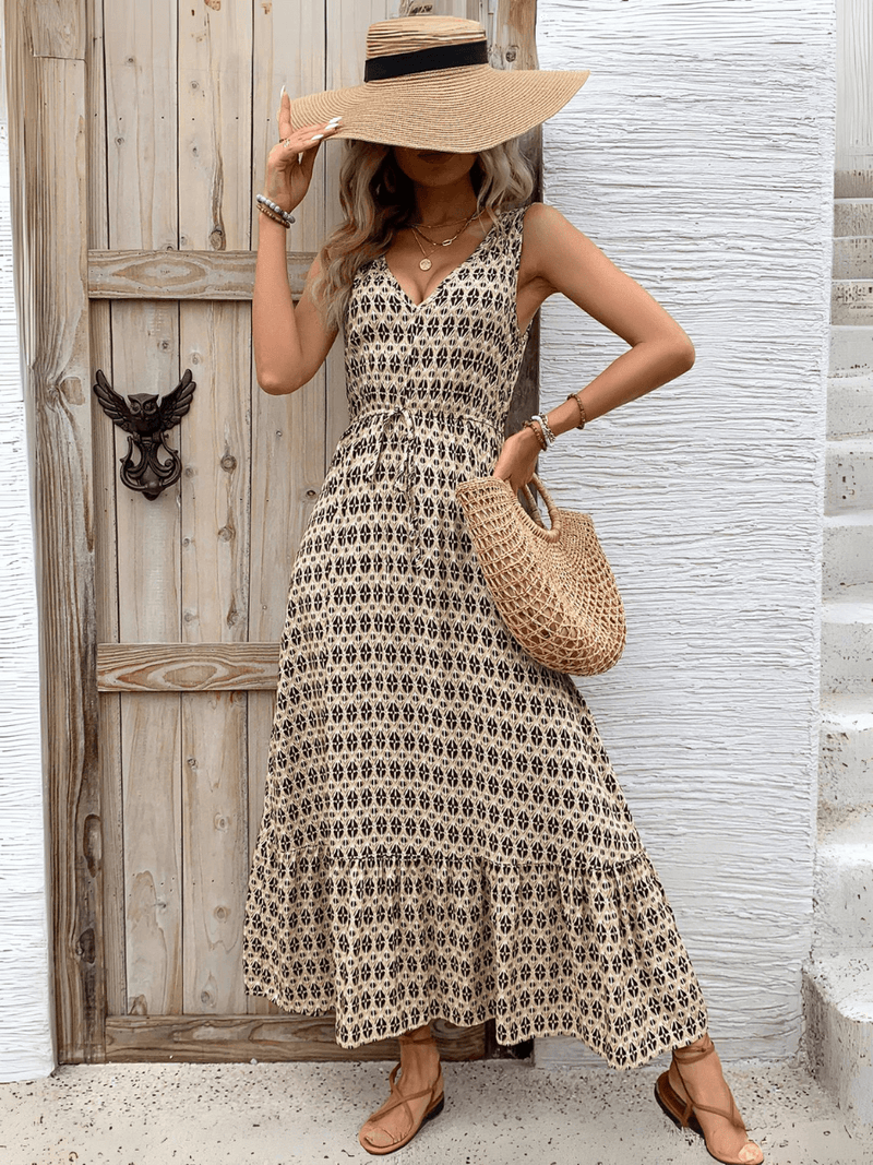 Ashlyn V-neck Tiered Maxi Dress - Beige