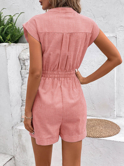 Sonya Cotton Striped Pocketed Romper - Coral