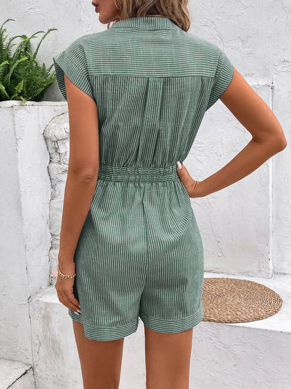 Sonya Cotton Striped Pocketed Romper - Green