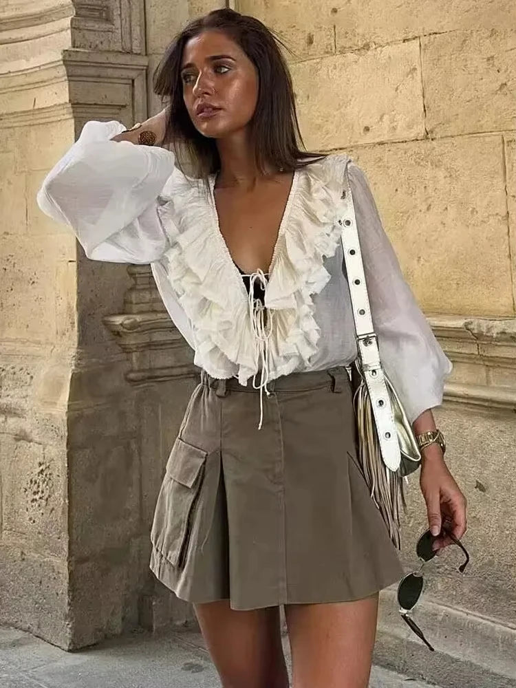 V-neck Lantern Long Sleeve Blouse