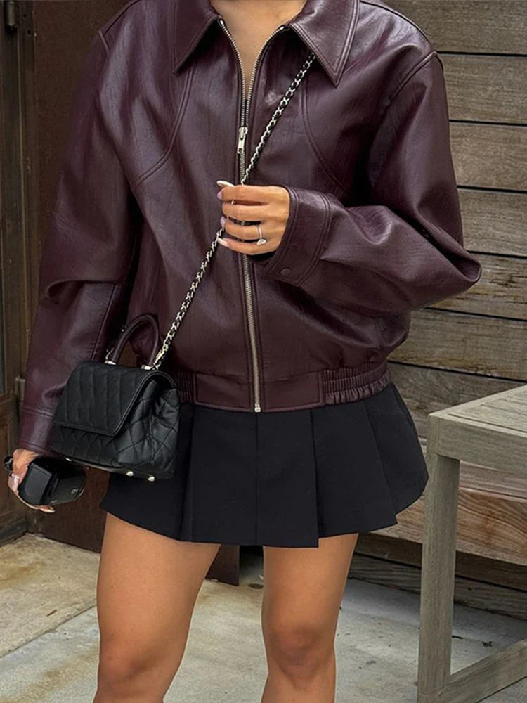 Zipper Leather Jacket for Turn-down Collar Long Sleeve Female Coat New Autumn Outerwears