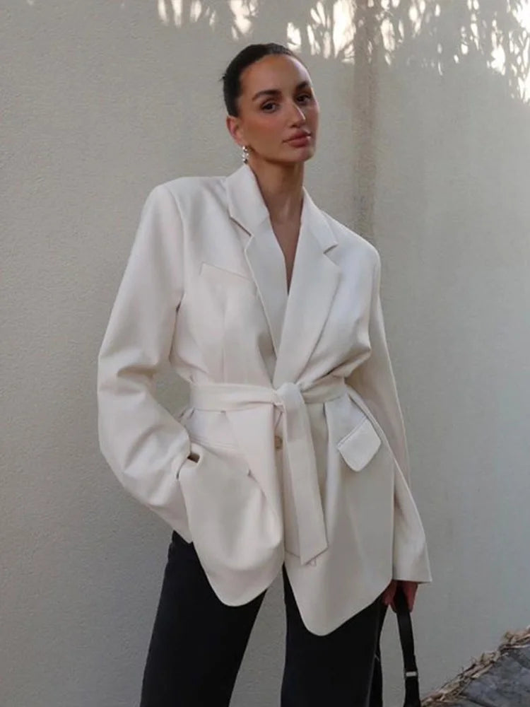 Loose Waist Cinching Belt Full Sleeve Jacket Female Tailored Coat Retro Lapel Suit Jackets