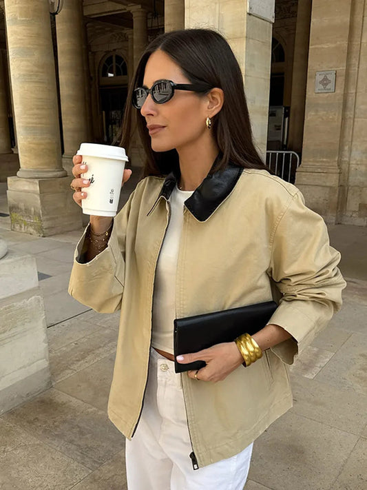 Leather Collar Cargo Jacket Coat Color Patchwork Lapel Button Zipper Pocket Workwear Outwear Loose Minimalist Outwear Top
