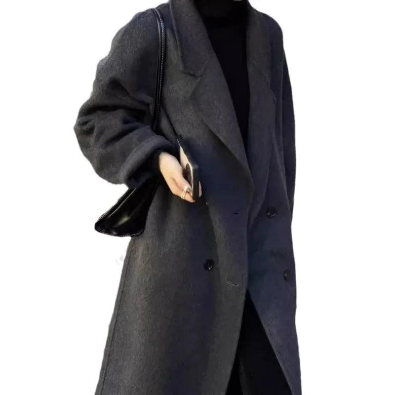 New Wool Blend Coat Mid Long Woolen Blazer Thick Warm Blouse Overcoat Office Lady Tops Autumn Winter