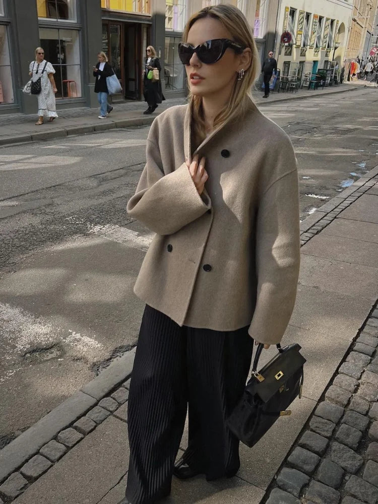 Wool Coats Loose Double Breasted Stand Collar Short Jacket Fall Winter Coat Female Commute Outerwear