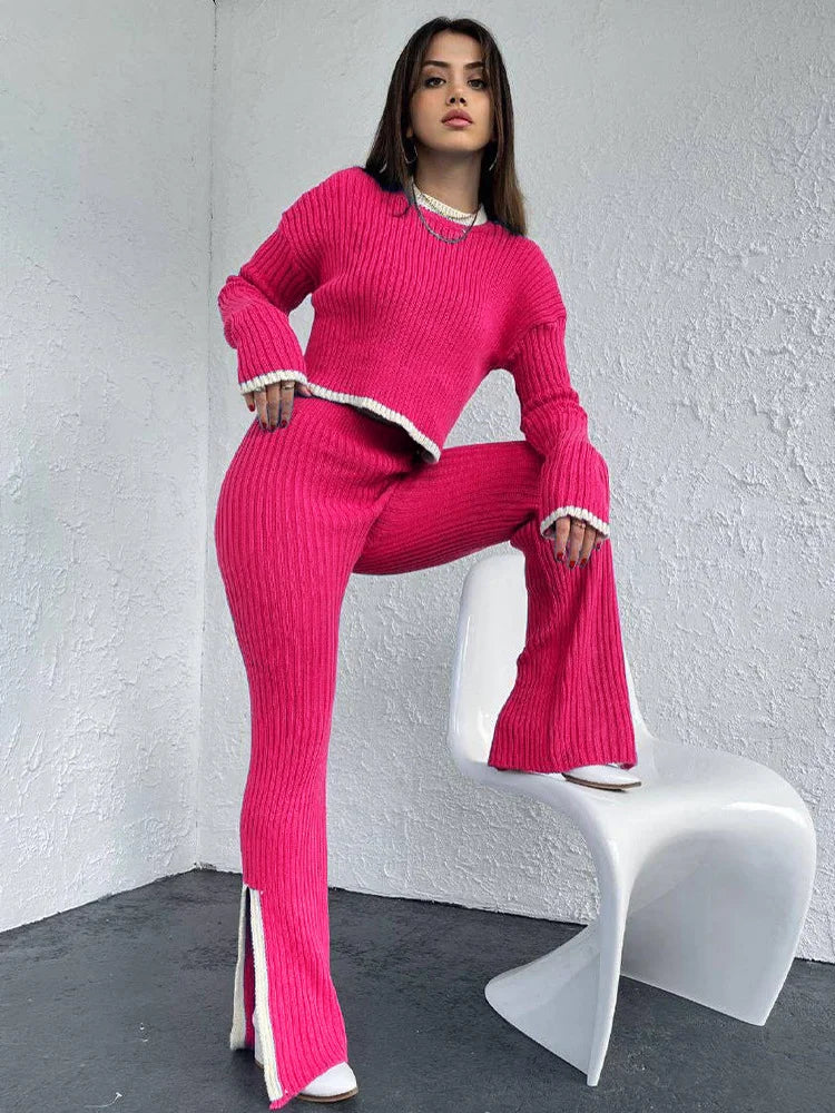 Rose Red - Knitted Sweater Wide-leg Pants Two Piece Set
