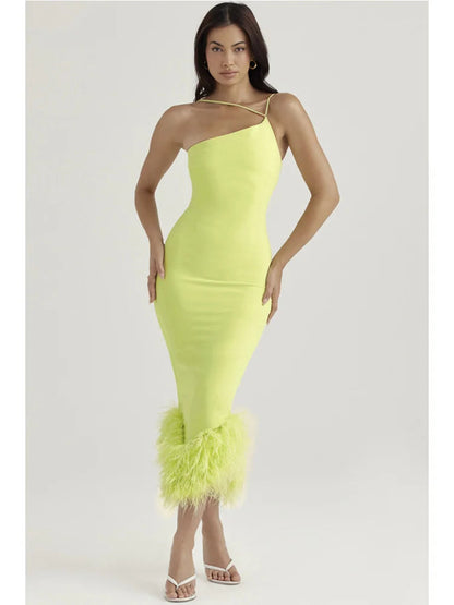 Legant Spaghetti Strap Feather Midi Dress