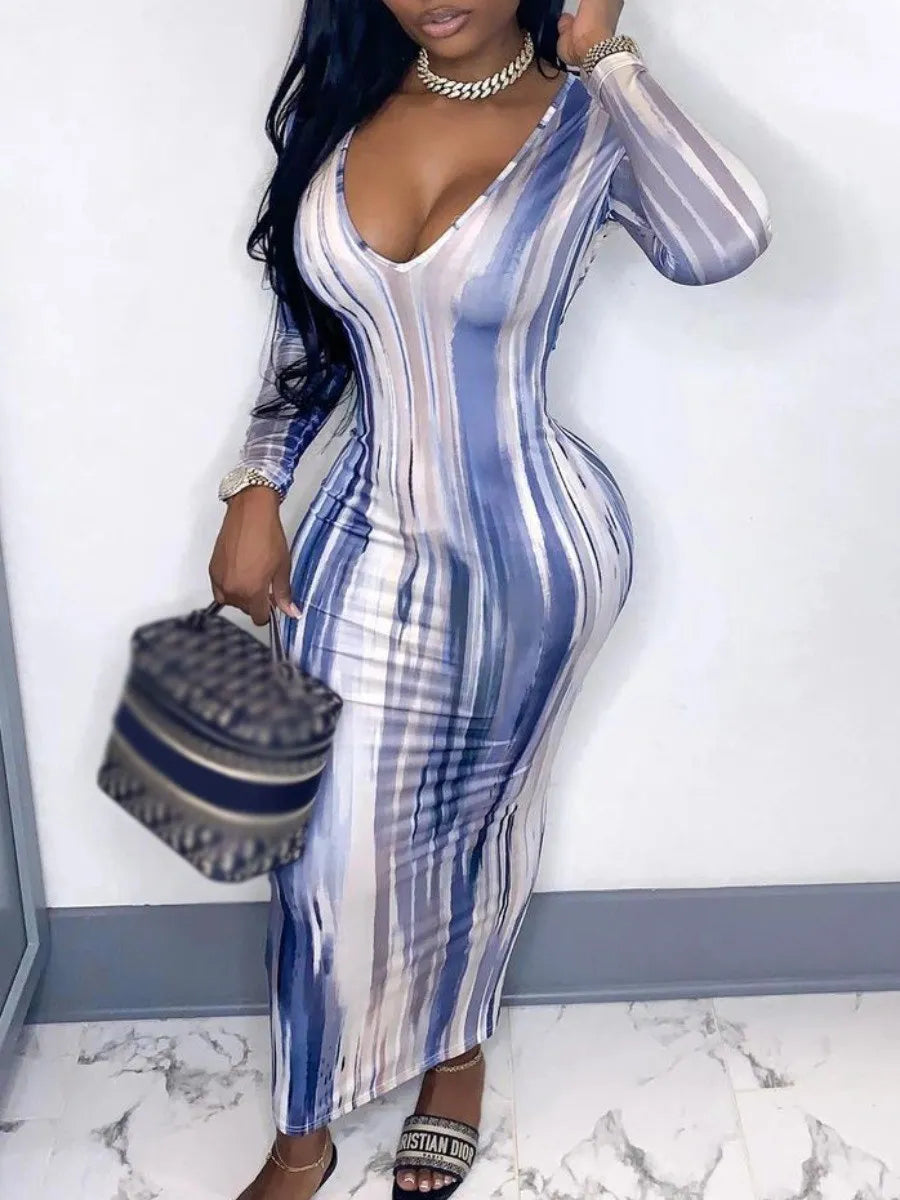 U Neck Tie-dye Print Bodycon Midi Dress