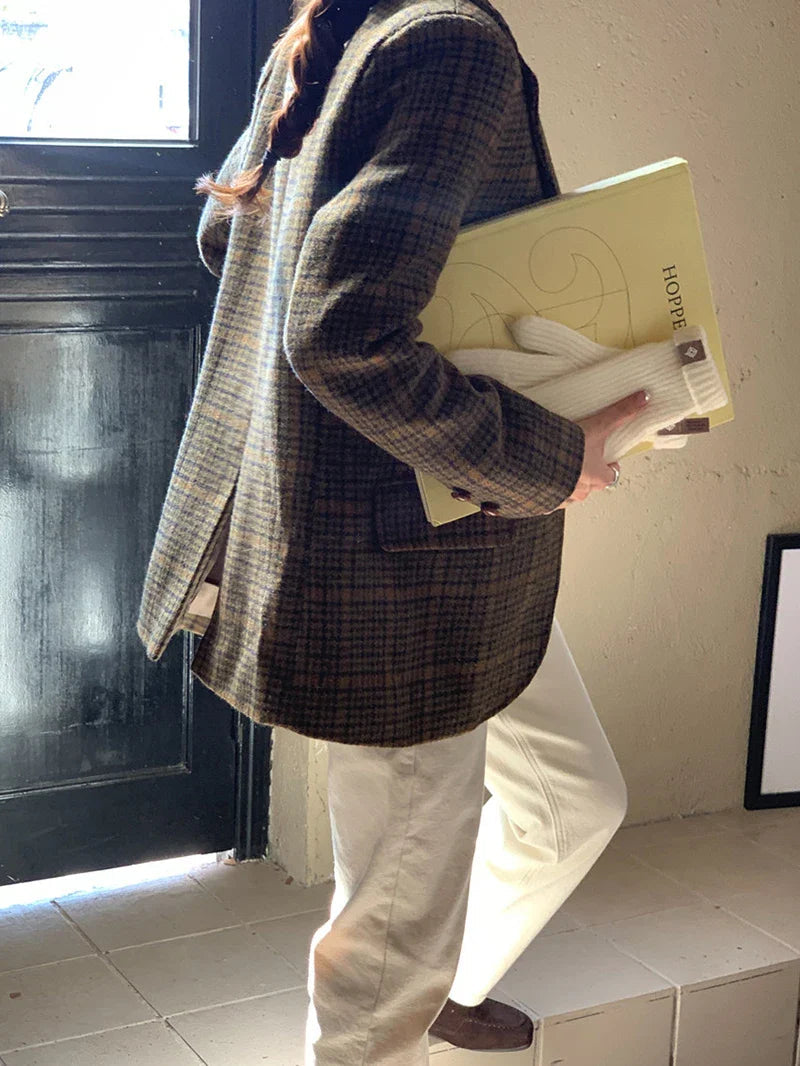 Wool Blends Coats Plaid Woolen Jacket Commute Blazer Korean Long Sleeve Outerwears Winter Overcoat