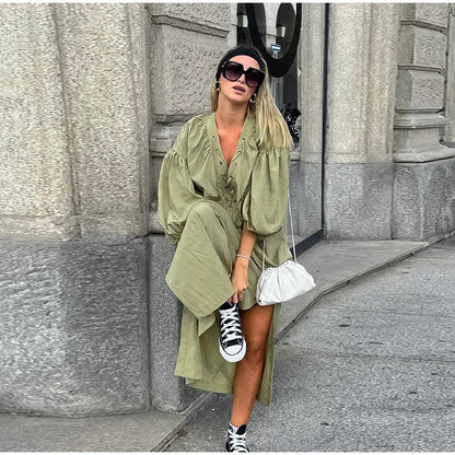 Street Lace Up Long Dresses New Loose V-neck Side Slit Dress Female Summer Versatiel Street Party Robes