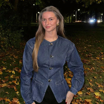 Tavimart - Y2k Denim Jacket for Spring O-neck Single Breasted Coat Female Street Long Sleeve Lady Outerwear