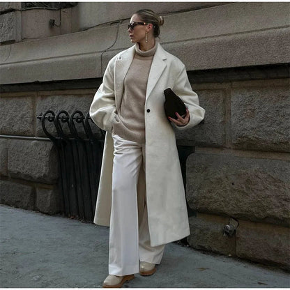 Gray Striped Long Coats Woolen Lapel Long Sleeve Back Split Loose Jackets Autumn Street Outwears