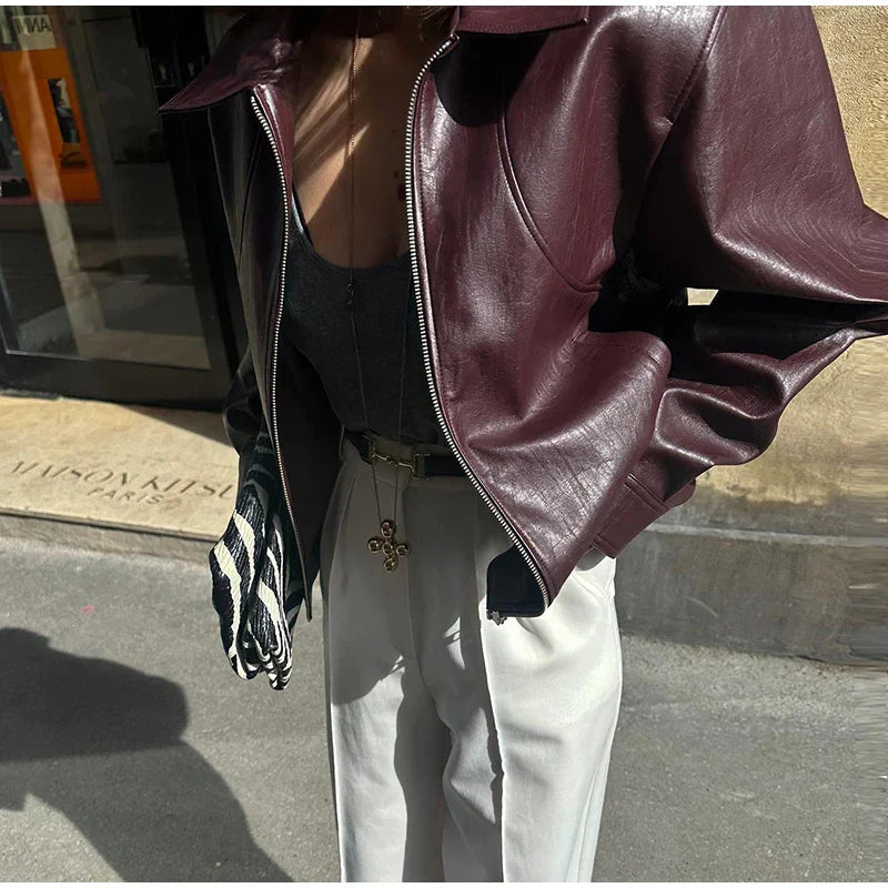 Pu Leather Jackets Coats Turn Down Collar Long Sleeve Zipper Female Motorcycle Top Coat Autumn Outwear