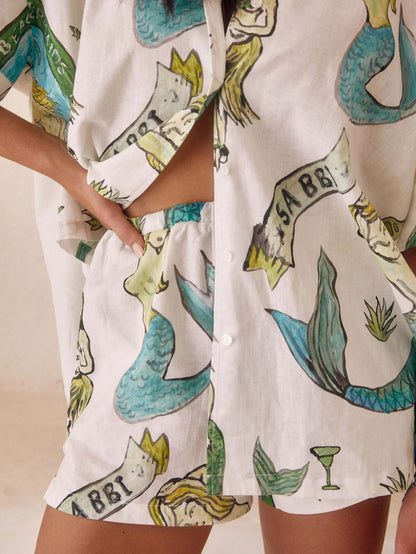 Holiday Mermaid Print Loose Shorts Two-piece Set