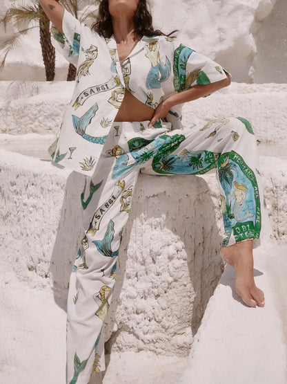 Mermaid Print Short-sleeved Shirt and Wide-leg Pants Two-piece Set