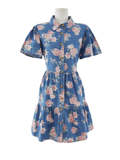 Fleur Fantasy Rose Denim Mini Dress - Denim