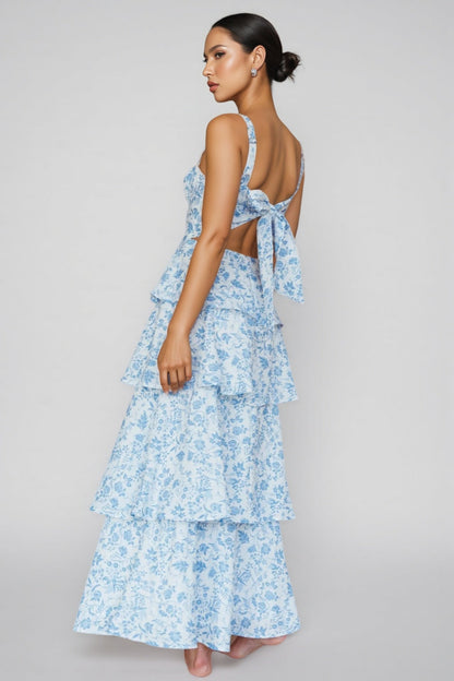 Chriske Blue Print Ruffle Maxi Dress