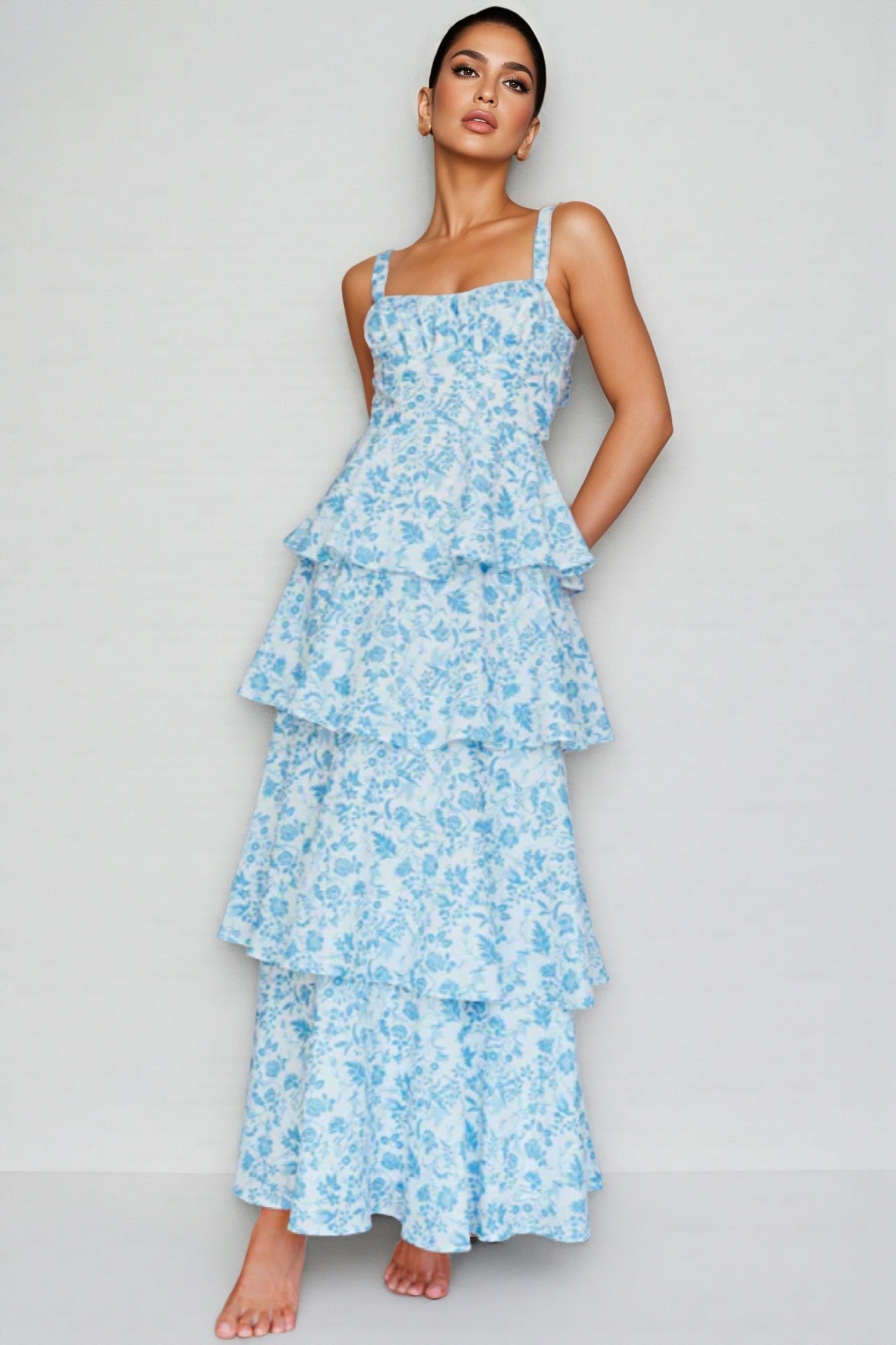 Chriske Blue Print Ruffle Maxi Dress