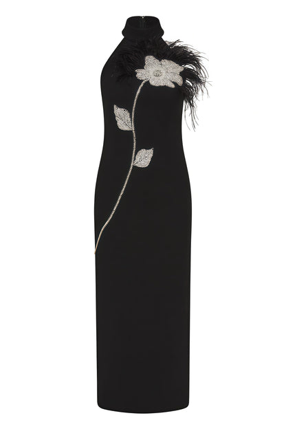 Thian Embellished Feather Bandage Midi Dress