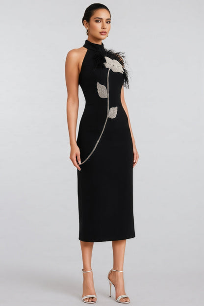 Thian Embellished Feather Bandage Midi Dress