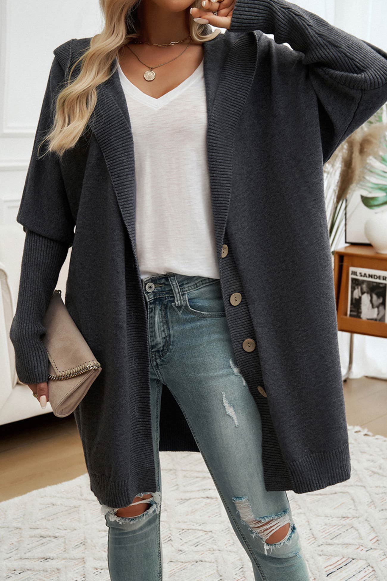 Color Single-breasted Hooded Cardigan