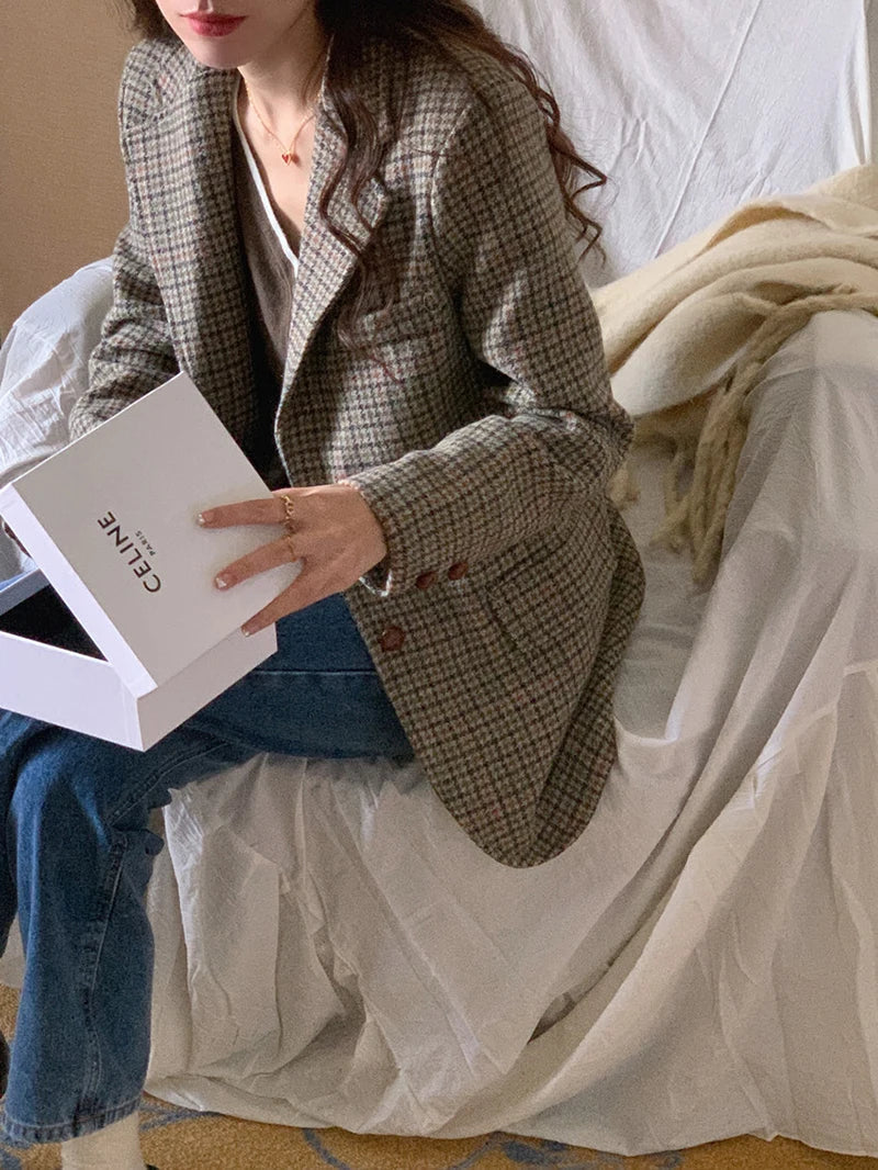 Wool Blends Coats Plaid Woolen Jacket Commute Blazer Korean Long Sleeve Outerwears Winter Overcoat
