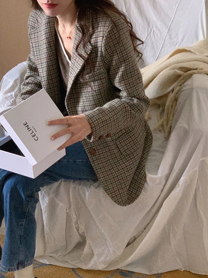 Wool Blends Coats Plaid Woolen Jacket Commute Blazer Korean Long Sleeve Outerwears Winter Overcoat